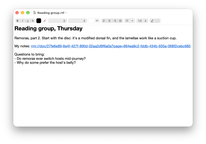 A TextEdit note with a clickable rmr:// link to a page